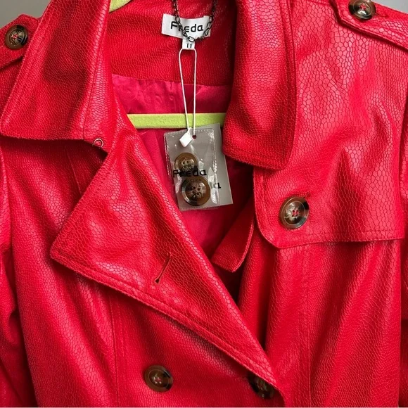 Freda Red Faux Leather Trench Coat - Picture 2 of 6